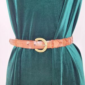 Vintage Brown Leather Gold Horseshoe Buckle Slim Belt Size 32 England 33" x 1"